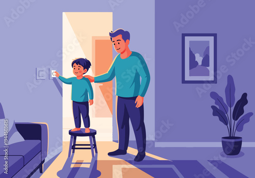 Modern vector illustration of family turning off lights to save electricity at home promoting energy efficiency and responsible lifestyle