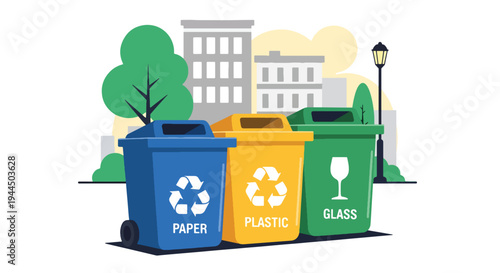 Modern vector illustration of recycling bins with eco symbols promoting waste management and sustainable environmental protection