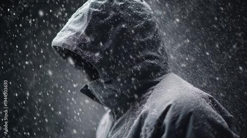 Winter jacket hood snowstorm dark coat hooded figure heavy snowfall cold weather dramatic lighting blizzard scene lonely silhouette outdoor snow moody atmosphere night storm
