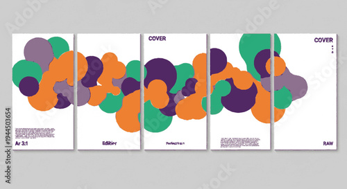 Vibrant purple green and orange book covers with abstract shapes on white background