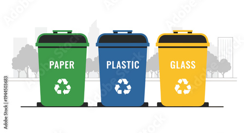 Modern vector illustration of recycling bins with eco symbols promoting waste management and sustainable environmental protection