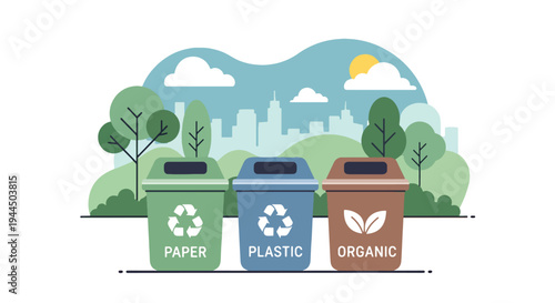 Modern vector illustration of recycling bins with eco symbols promoting waste management and sustainable environmental protection