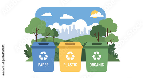 Modern vector illustration of recycling bins with eco symbols promoting waste management and sustainable environmental protection