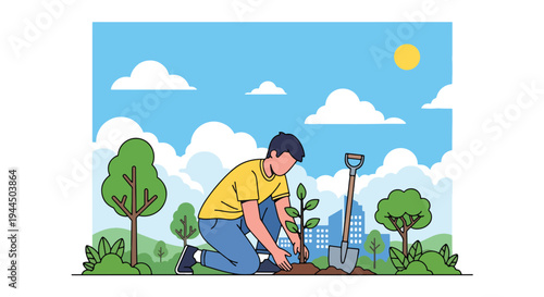 Modern vector illustration of person planting tree in park promoting environmental sustainability and green energy future