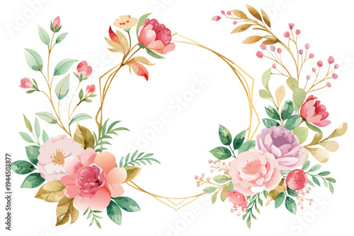 Wallpaper Mural A beautiful floral wreath with pink and purple flowers and green leaves on a white background Torontodigital.ca