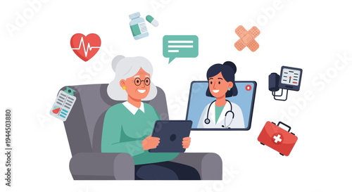 Senior Woman Telehealth: Online Doctor Consultation via Tablet. Remote Healthcare for Elderly.
