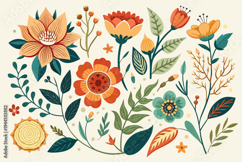 A vibrant floral illustration featuring a colorful arrangement of flowers, leaves, and stems in a modern flat design style.