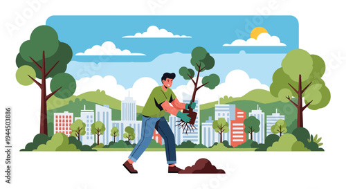 Modern vector illustration of person planting tree in park promoting environmental sustainability and green energy future