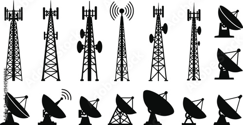 Vector silhouette set of telecommunication radio towers and satellite dish antennas for broadcast, network signal, cellular technology, internet connectivity, and global communication data.