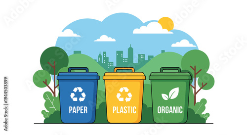 Modern vector illustration of recycling bins with eco symbols promoting waste management and sustainable environmental protection