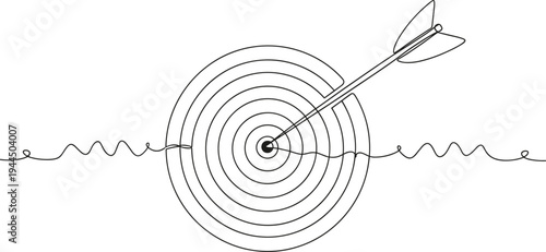 Minimalist Continuous Single Line Art Drawing of Dartboard and Arrow Hitting Bullseye, Success Concept Business Goal Illustration Isolated on White,