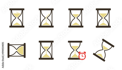 Hourglass icon set for time management and countdown concept, flat vector illustration showing various states of sand clock for business planning and productivity