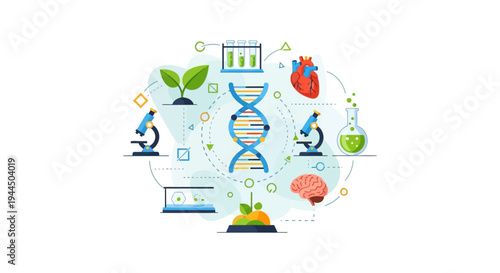 Interconnected Scientific Research Concept: DNA, Biology, Medicine, and Biotechnology. Flat vector illustration.