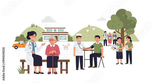 Rural Community Healthcare Services: Doctor, Nurse, and Patients Receiving Medical Care and Health Education