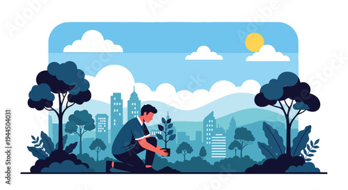 Modern vector illustration of person planting tree in park promoting environmental sustainability and green energy future