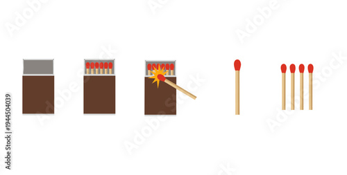 Matchbox and matchstick icon set for fire and energy concept, flat vector collection showing safety matches, lighting process and individual sticks for design