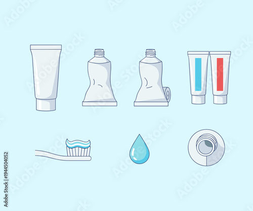 Toothpaste and dental hygiene icon set for oral care and health concept, flat vector graphic showing tubes, toothbrush and water drop for dental clinic design