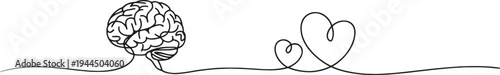 A continuous single line drawing connects the human brain with two hearts.