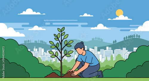 Modern vector illustration of person planting tree in park promoting environmental sustainability and green energy future
