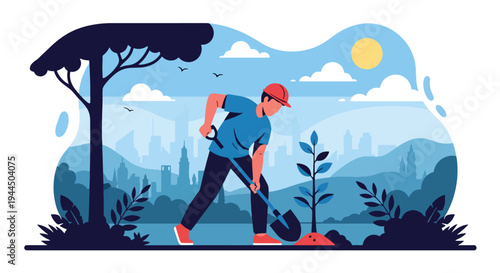 Modern vector illustration of person planting tree in park promoting environmental sustainability and green energy future