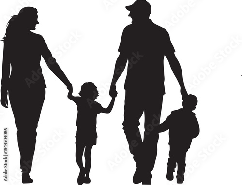 Family holding hands walking together in silhouette form
