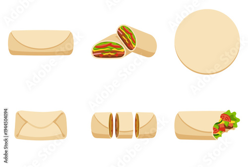 Burrito fast food icon set for Mexican restaurant menu design, showing wrap, sliced and bitten burrito pieces in flat vector graphic style for catering service