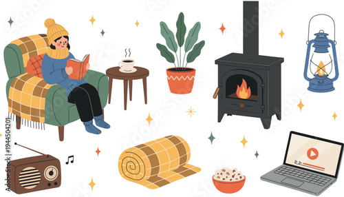 Cozy woman sitting in armchair with yellow plaid blanket reading book