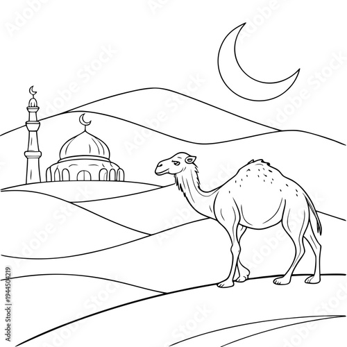A camel standing in front of a mosque