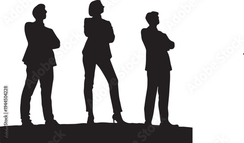 Three professional figures standing confidently on an elevated platform