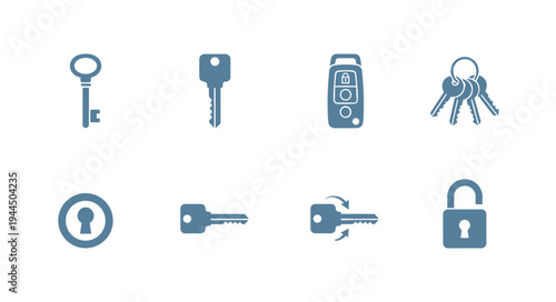 Set of minimalist flat vector icons featuring door keys, car remotes, keyrings, and padlocks for security, access control, and real estate concept design.