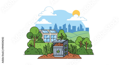 Modern vector illustration of compost bin in backyard garden promoting organic waste recycling and sustainable home practices