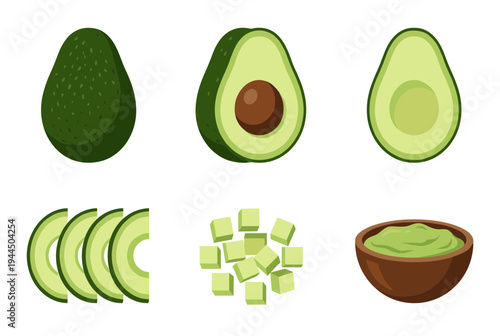 Minimalist flat vector avocado set featuring whole fruit, sliced halves with pit, diced cubes, and a bowl of fresh guacamole for healthy diet concepts.
