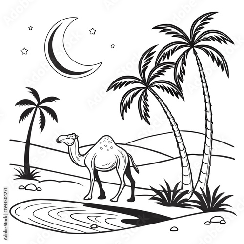 A camel stands by a small oasis under a crescent moon