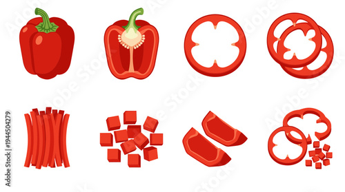 Red bell pepper vegetable set featuring whole pepper, longitudinal half, rings, strips, and diced cubes for culinary recipes and healthy cooking design.