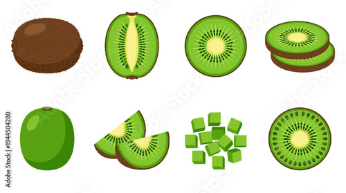 Fresh kiwi fruit vector set including hairy whole fruit, cross section slices, halves, and diced green pieces for healthy juice and snack advertising.