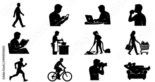 A grid of black silhouettes depicting various daily human activities and common lifestyle actions, including work, leisure, and chores.