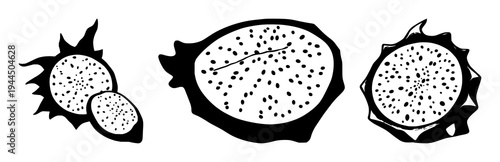 Dragon fruit set with half slice illustration showing seeds featuring exotic fruit, botanical illustration, graphic vector with solid black lines and white background
