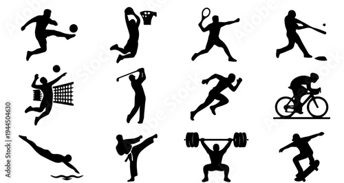 Collection of black silhouette icons representing various popular sports activities and athletes.