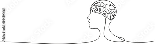 A female profile features monstera leaves within the brain, symbolizing growth and nature.