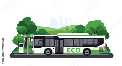 Modern vector illustration of eco friendly public transportation bus in green city promoting sustainable mobility and reduced carbon emissions