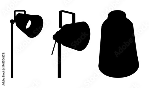 Spotlight set with solid black silhouette on white background featuring film noir, theatrical lighting, stage illumination with dramatic and monochrome