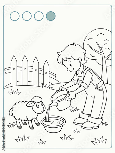A boy feeding a sheep in a yard
