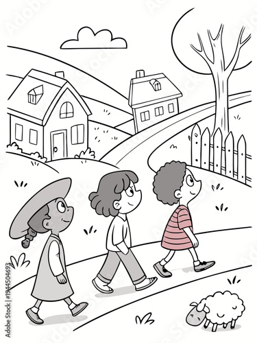 Three children walking on a sidewalk with a small dog