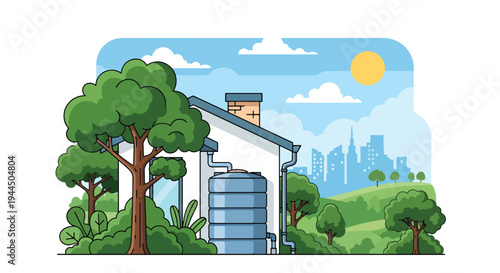 Modern vector illustration of rainwater harvesting tank beside eco home promoting water conservation and sustainable living