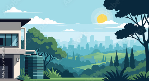 Modern vector illustration of rainwater harvesting tank beside eco home promoting water conservation and sustainable living