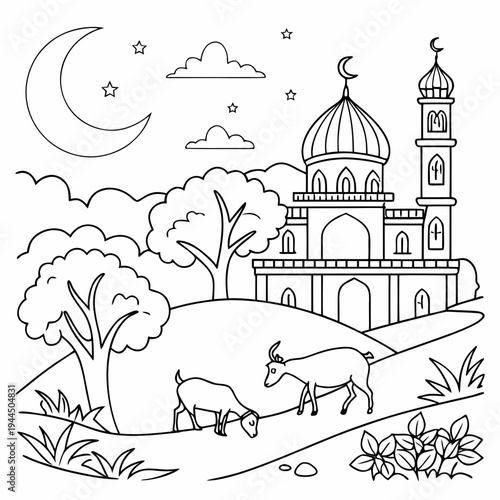 A mosque with a dome and minaret under a crescent moon