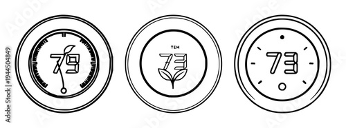 Smart thermostat icon set with flat vector illustration featuring leaf, energy symbol, thermostat with bold lines and white background