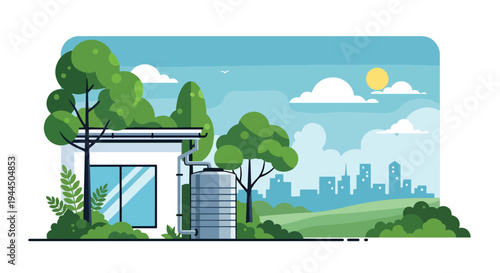 Modern vector illustration of rainwater harvesting tank beside eco home promoting water conservation and sustainable living