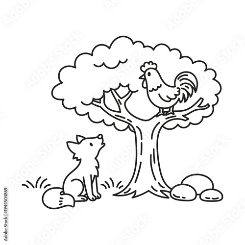 Aesop’s fable The Cock and the Fox vector illustration. Fairy tale line art doodle, perfect for children’s stories and educational use. Cute and simple fairy tale illustration.