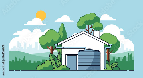 Modern vector illustration of rainwater harvesting tank beside eco home promoting water conservation and sustainable living